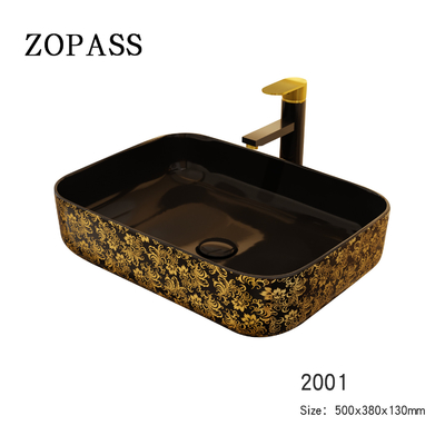Custom Square Black Golden Art Deco Pedestal Basin 500*380*130mm