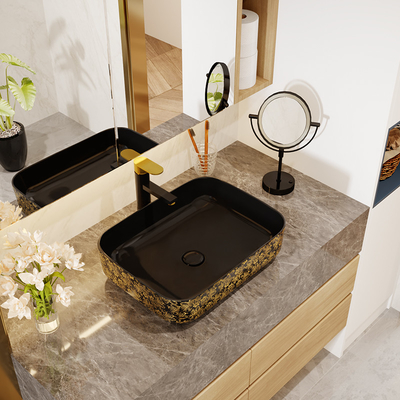 Custom Square Black Golden Art Deco Pedestal Basin 500*380*130mm