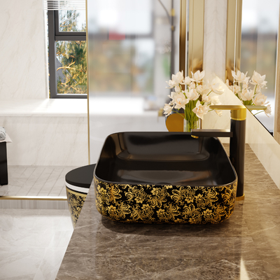Custom Square Black Golden Art Deco Pedestal Basin 500*380*130mm