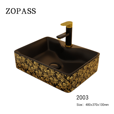 Electroplate Golden Square Ceramic Basin Table Top For Cabinet