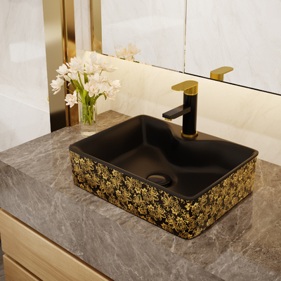 Electroplate Golden Square Ceramic Basin Table Top For Cabinet