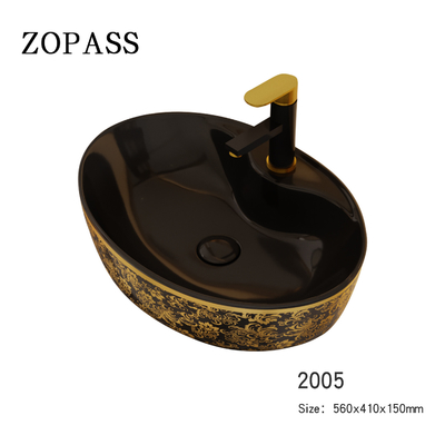 Luxury Oval Freestanding Vanity Basin Black Gold Color With Faucet