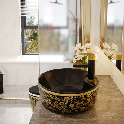 Luxury Oval Freestanding Vanity Basin Black Gold Color With Faucet