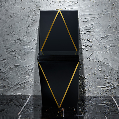 One Piece Washdown Sanitary Ware Toilet Black Gold Graphic Design
