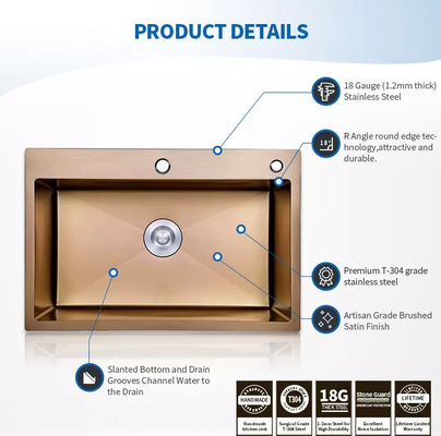 Top Mount Stainless Steel Kitchen Sinks Handmade Polished Surface