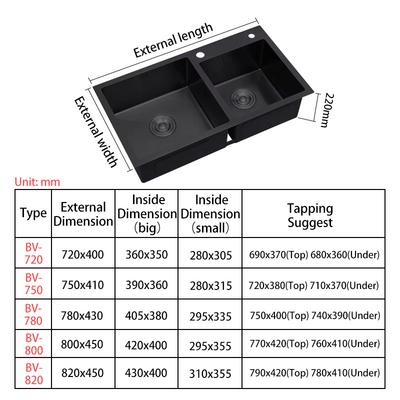 Double Bowl Vegetable Washing Sink 201 304 Stainless Steel Material