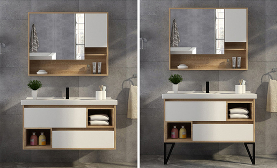 High Plasticity Free Standing Bathroom Cabinet Mirrored Single Sink