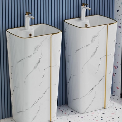 Single Hole Cylindrical Ceramic Art Basin Marble Design With Gold Line