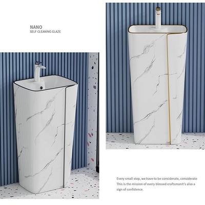 Single Hole Cylindrical Ceramic Art Basin Marble Design With Gold Line