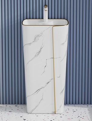 Single Hole Cylindrical Ceramic Art Basin Marble Design With Gold Line